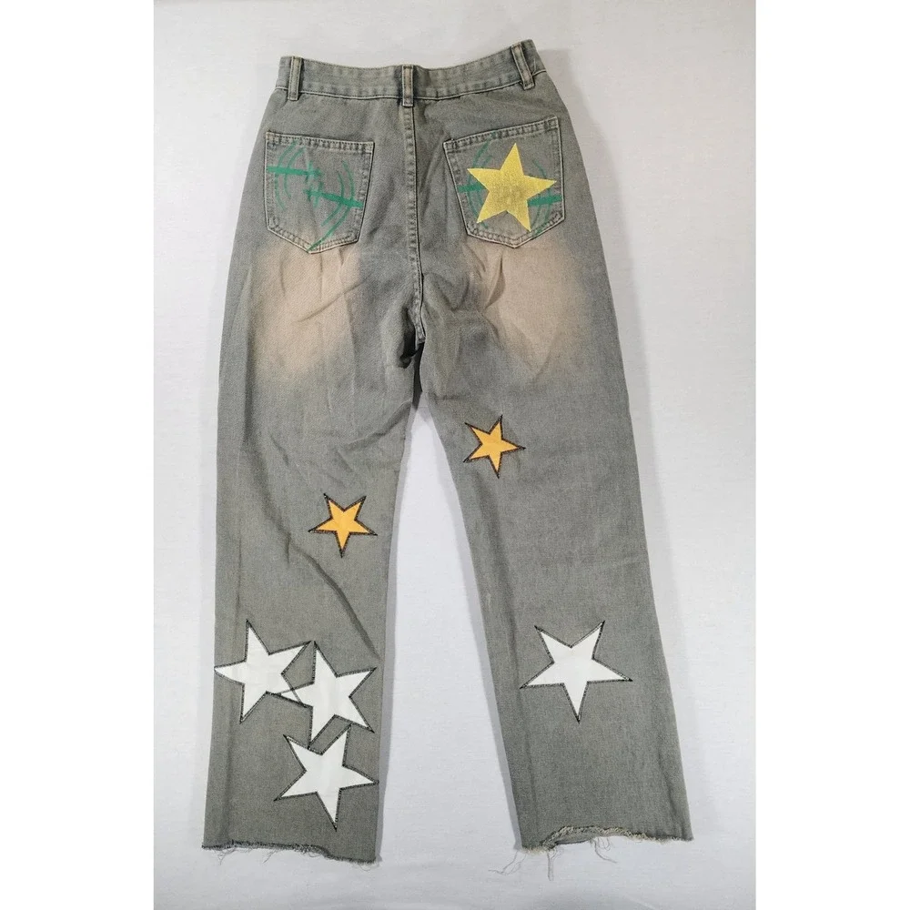 Unbranded Star Patch Jeans 28x27 Blue Denim Distressed Raw Hem Streetwear Clout